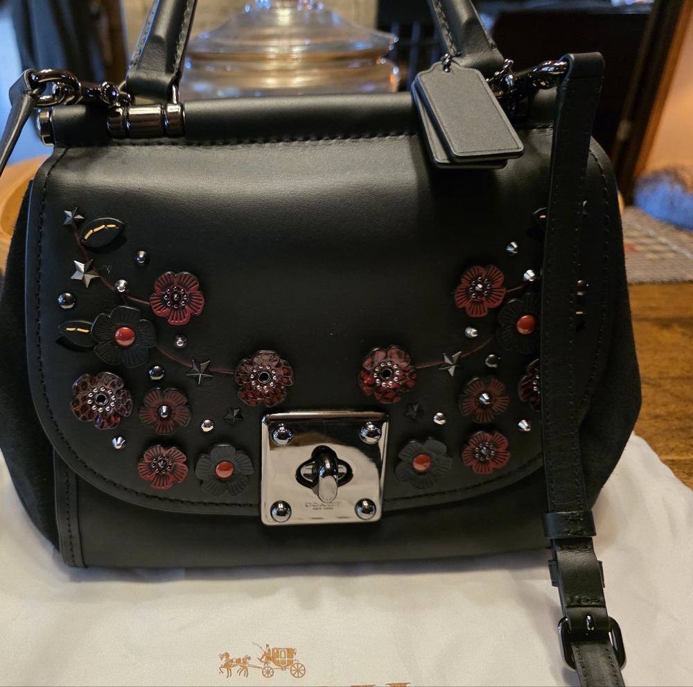 COACH TEA ROSE  Black Satchel with Red Floral Accents